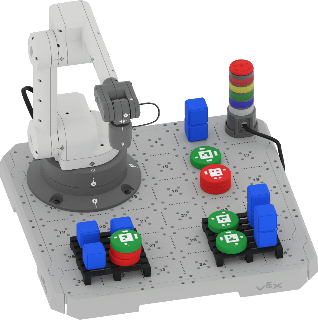 6-Axis Arm on a CTE Tile with Cubes and Disks stacked on both pallets. Cubes and Disks are also stacked in a Loading Zone.