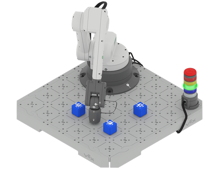 CTE Workcell setup with platform, signal tower, 6-Axis Arm, and 3 cubes. The arm is placed in the space between two cubes.