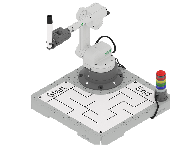 6-Axis Arm on a CTE Tile with the Whiteboard attached. A maze is drawn on the Whiteboard.