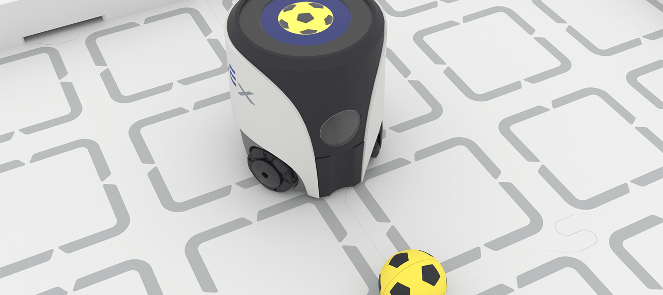 VEX AIM Coding Robot is on a field with 1 sport ball in front of it.