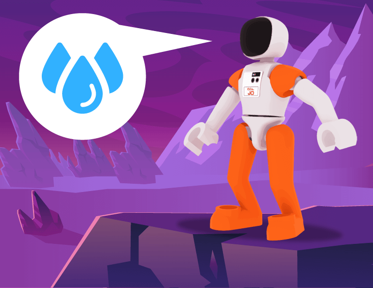 Colonel Jo stands on an alien planet, announcing that water is detected.