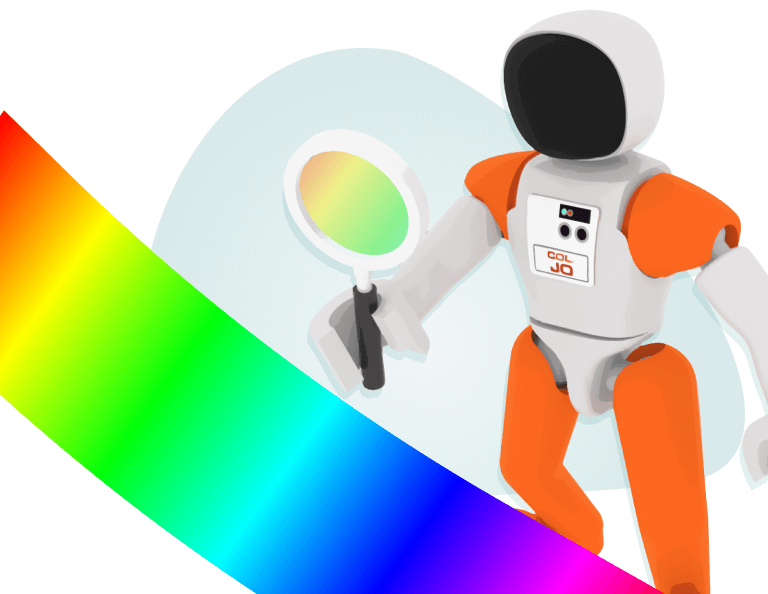 Colonel Jo looking through a magnifying class at a spectrum of rainbow colors spread across its path.