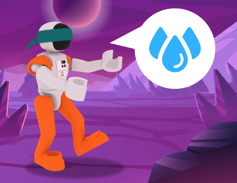 A blindfolded Colonel Jo walks on an alien planet, announcing that water is detected.