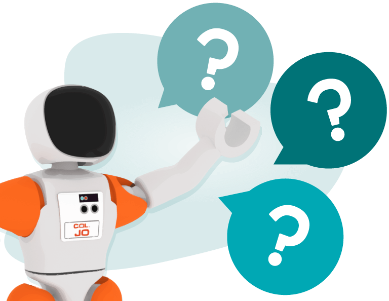 Colonel Jo looks upward questioningly, pointing to one of three word bubbles with question marks in them.