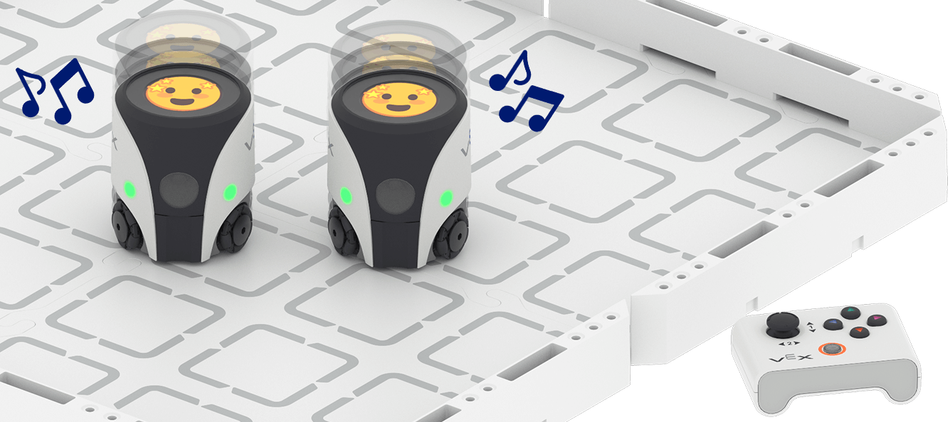 Two VEX AIM Coding Robots dance while displaying the amazed emoji and green LEDs are shown on a field shown with music notes beside a One Stick Controller.