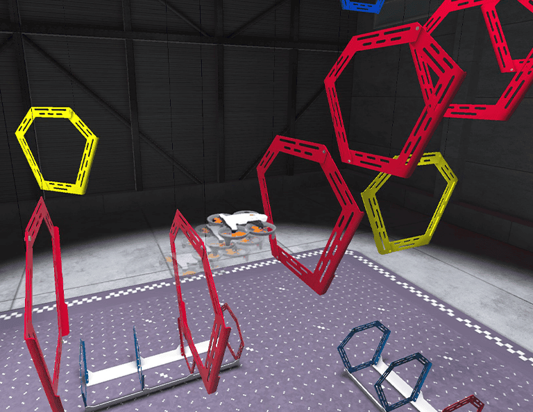 A VEX AIR Drone flies through a tunnel of red rings in the VEX AIR Drone Simulator