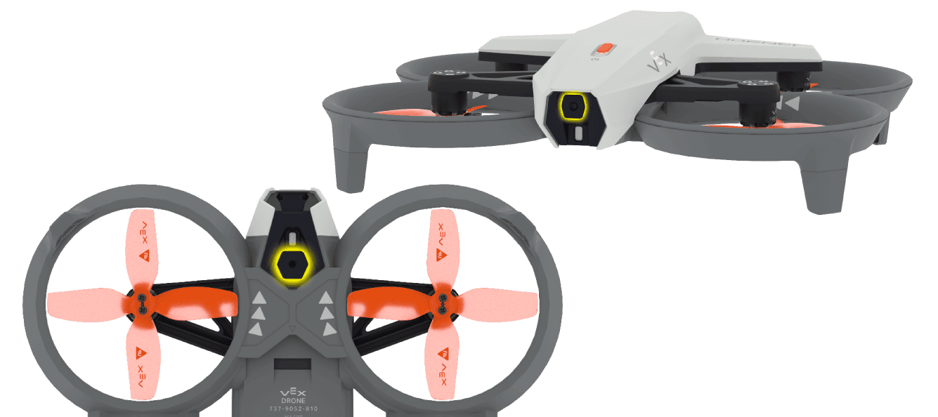 VEX AIR Drone from two perspectives with highlights on the Front and Down cameras.