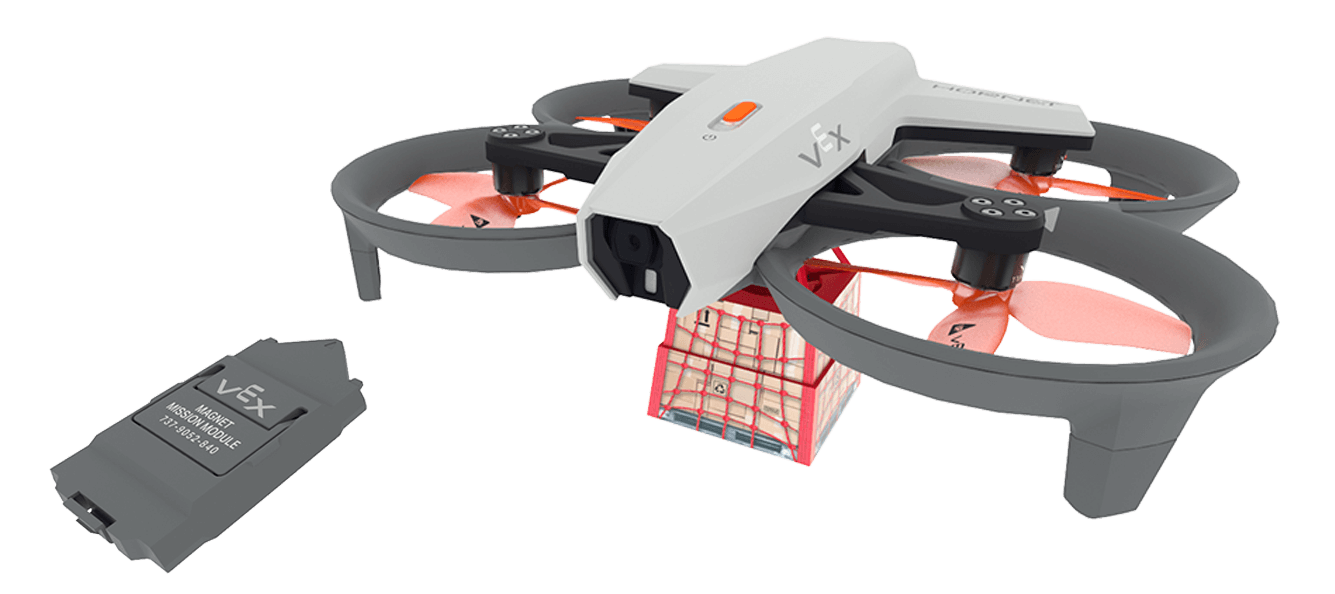 VEX AIR Drone with cargo attached. A magnet module is to the side to show how the cargo is attached.