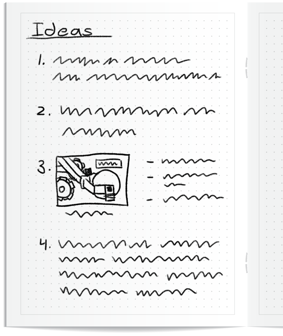 Sample Notebook page reads "Ideas" at the top, with a numbered list of scribbles and a sketch to indicate notes for ways to solve the challenge.