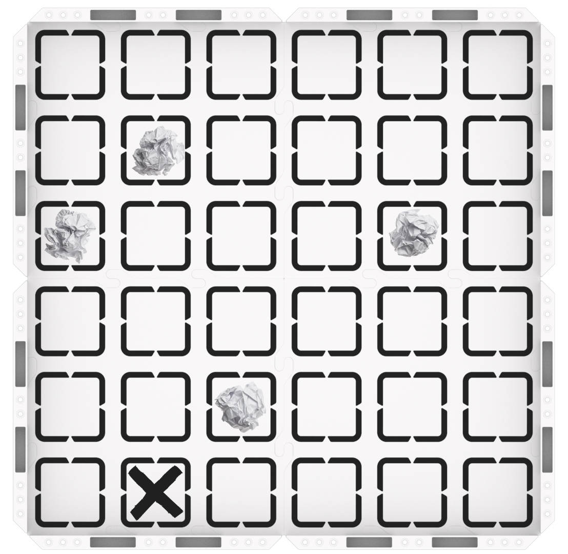 123 Field Setup consisting of a 2 x 2 layout of Tiles and walls. Crumpled paper obstacles are placed at the following locations:  In the center square of the top left tile, in the bottom left square of the top left tile, in the bottom middle square of the top right tile, in the right middle square of the bottom left tile. A black x is placed in the bottom middle square of the bottom left  Tile.