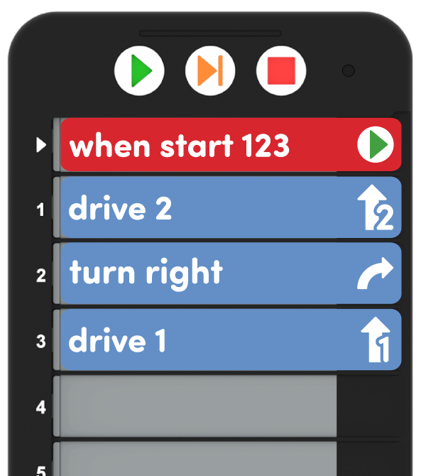 Codeur VEX avec un projet bogué qui indique Quand démarrer 123, Drive 2, Tourner à droite et Drive 1.