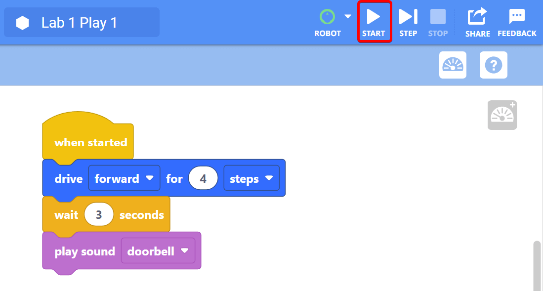 VEXcode 123 Toolbar with the Start button called out in a red box, in between the Robot and Step icons.