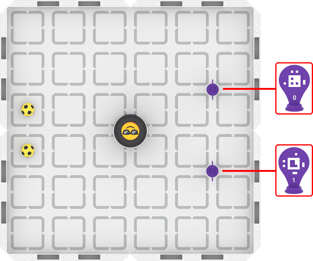 There are 2 Sports Balls on the left side of the field. AprilTag 1 and 2 are on the right side of the field served as a goal. The robot is in the middle of the field. 