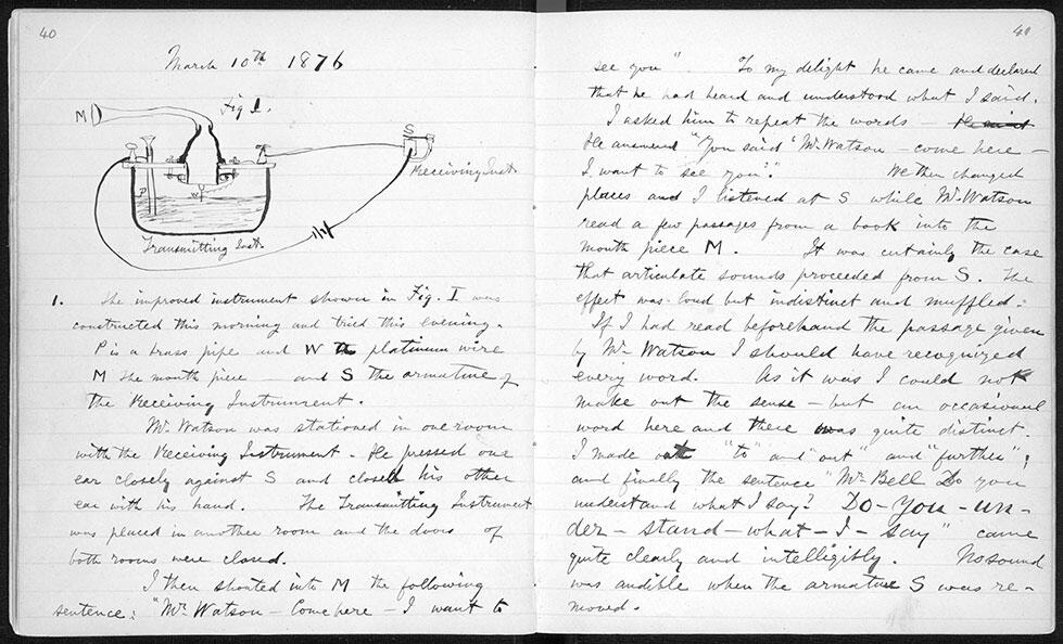 Alexander Graham Bell's notebook entry from a successful experiment with his first telephone