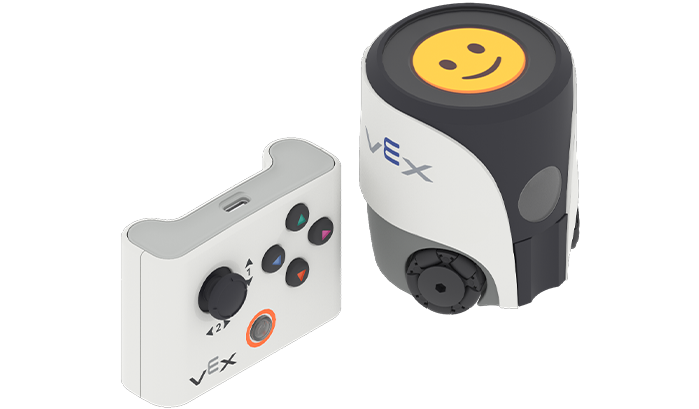 Angled view of the AIM Robot with a smiley face emoji on the screen to the right of a controller.