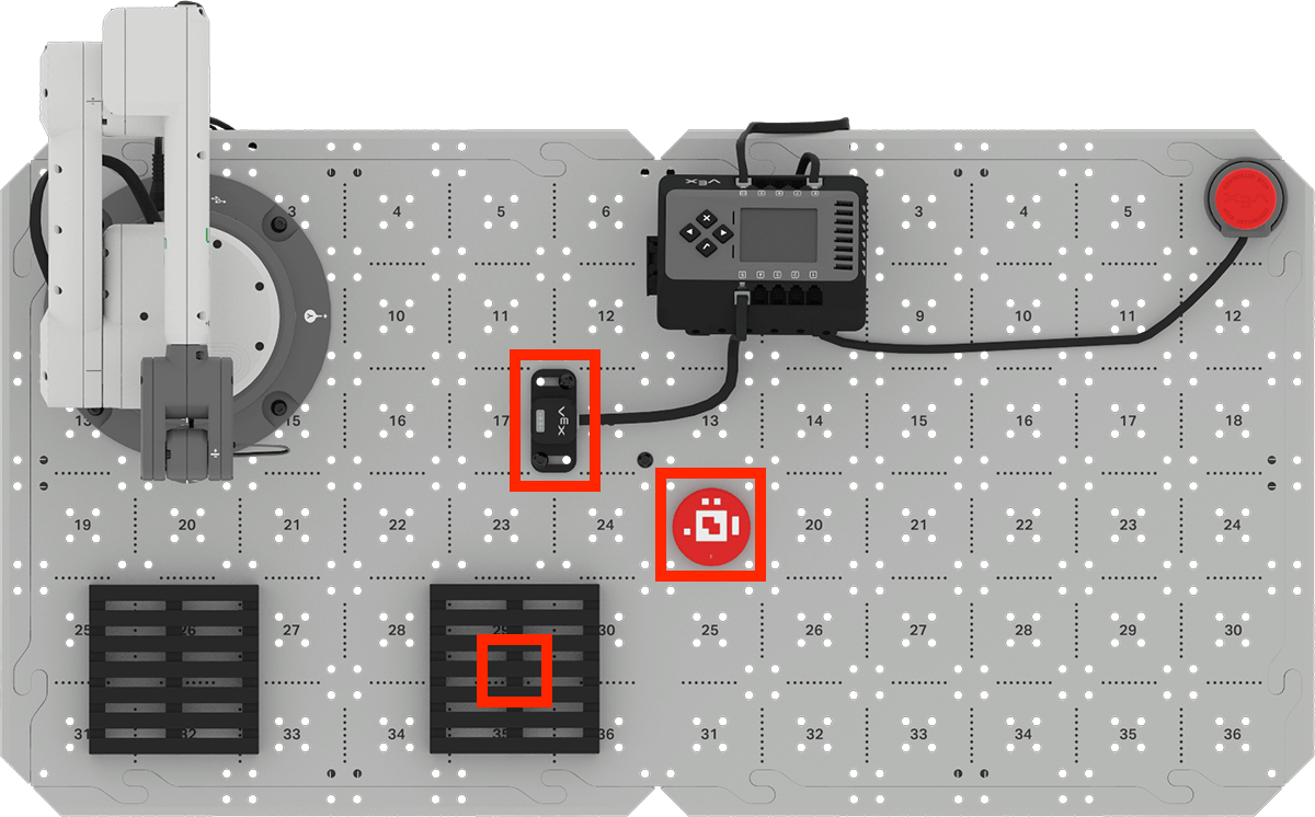 Top down image of the setup for this activity with a red box around the disk placed on Brain tile location 19, the Optical Sensor, and the right pallet.