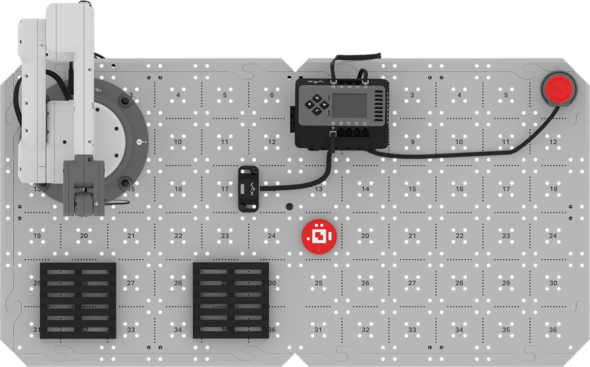 Top down view of the CTE 6-Axis Arm Base Plus Optical build with a red disk positioned on number 19 of the Brain tile. This is in the row between the Optical Sensor and Pallets and in the same column as the left side of theEXP Brain.