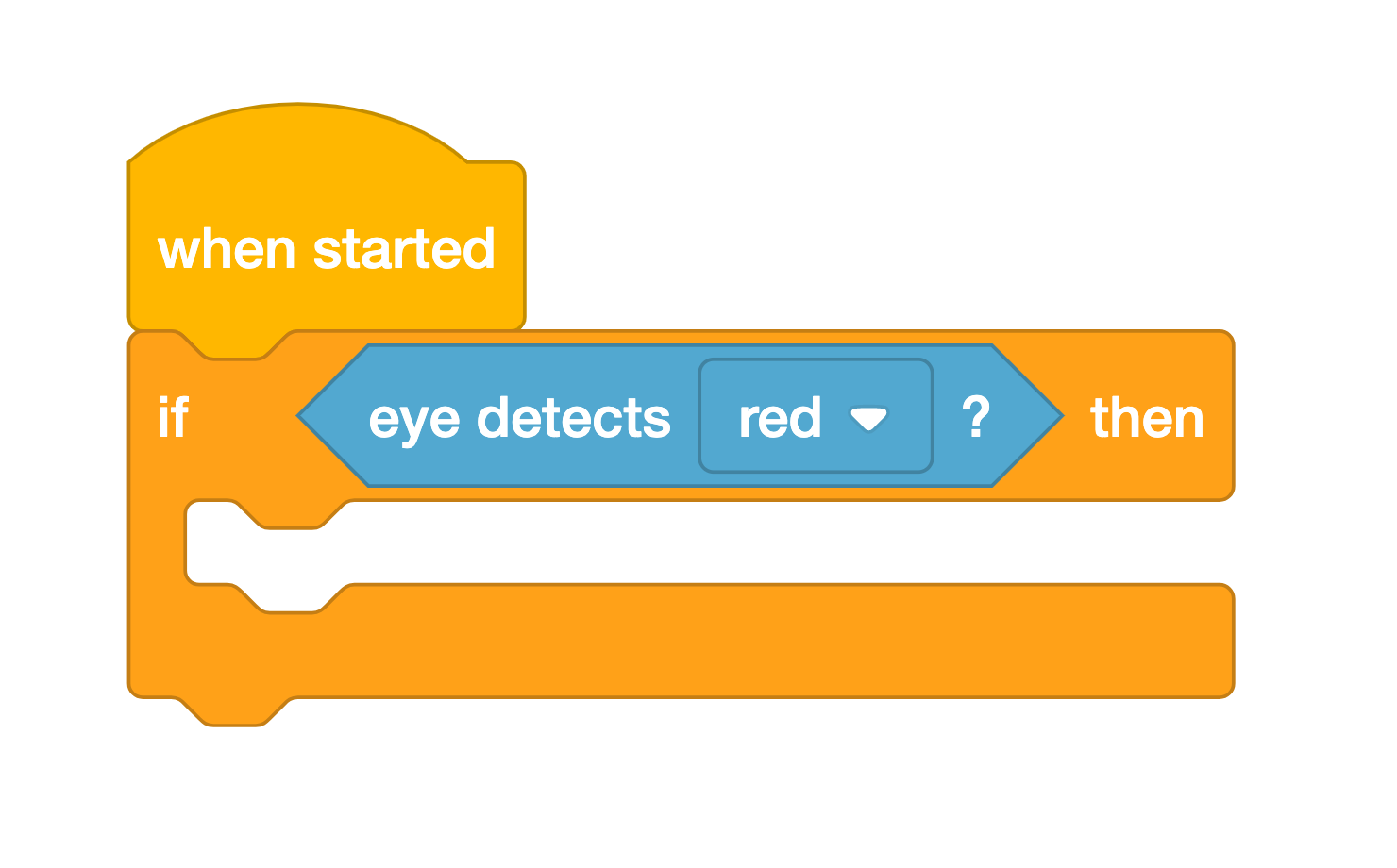 Continuation of the VEXcode GO blocks project, now with a Detects Color block as the If Then block's boolean parameter. The project now begins with a When Started block that is followed by an empty If Then block that reads 'if eye detects red?'.
