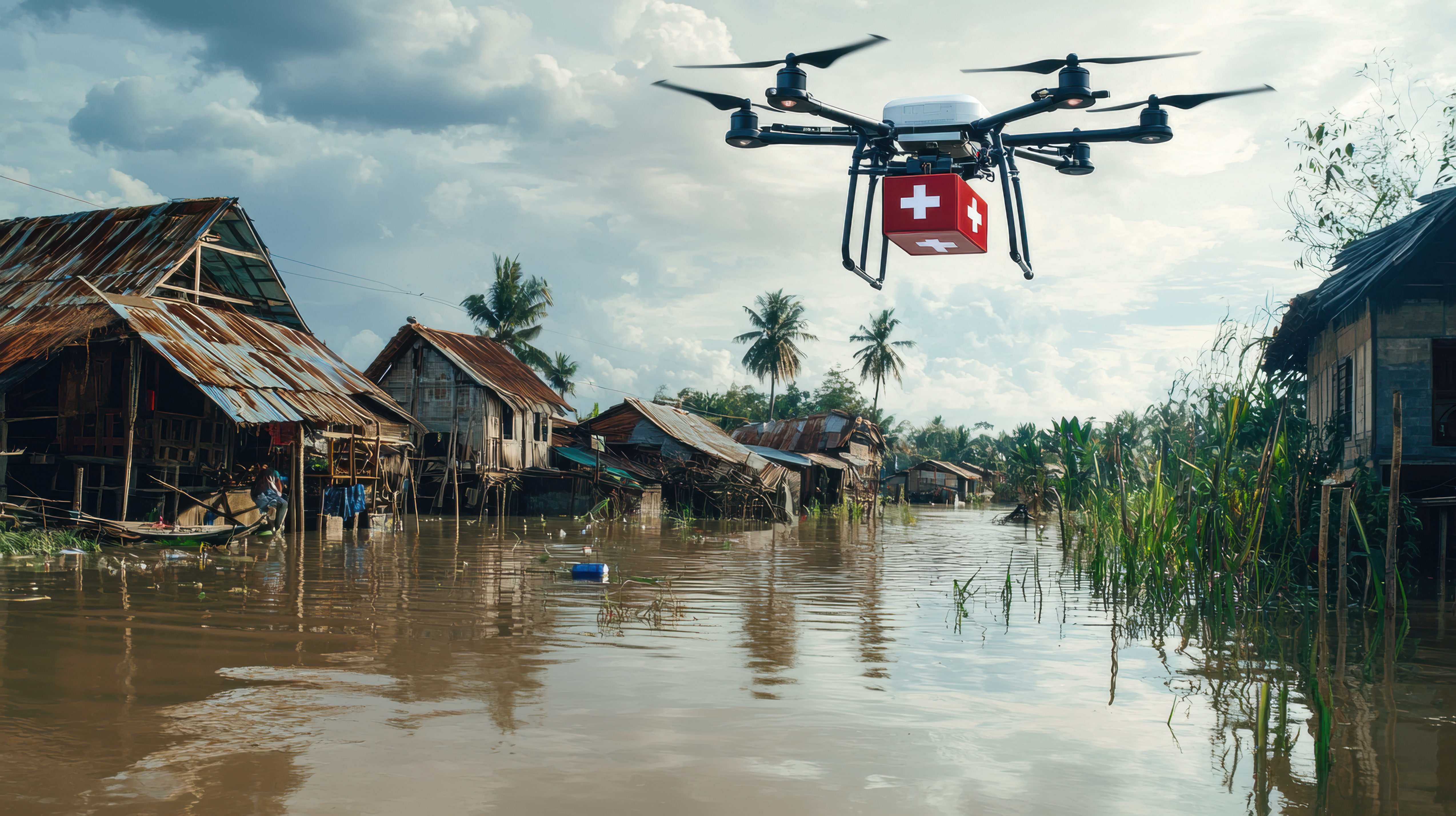 A drone flies above a flooded village in a remote area carrying medical supplies.