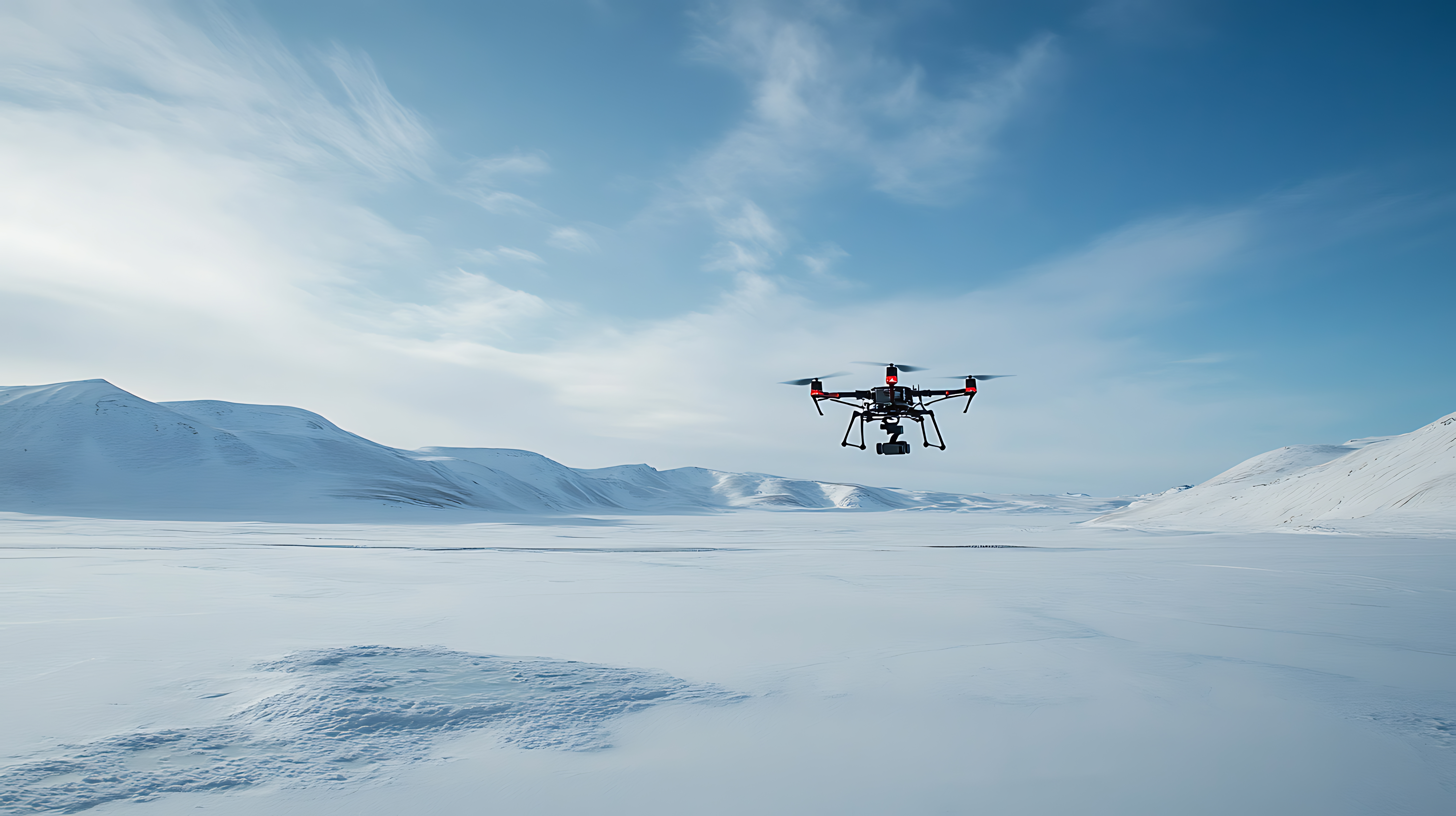 A drone flies over a frozen lake that is surrounded by snow covered mountains.