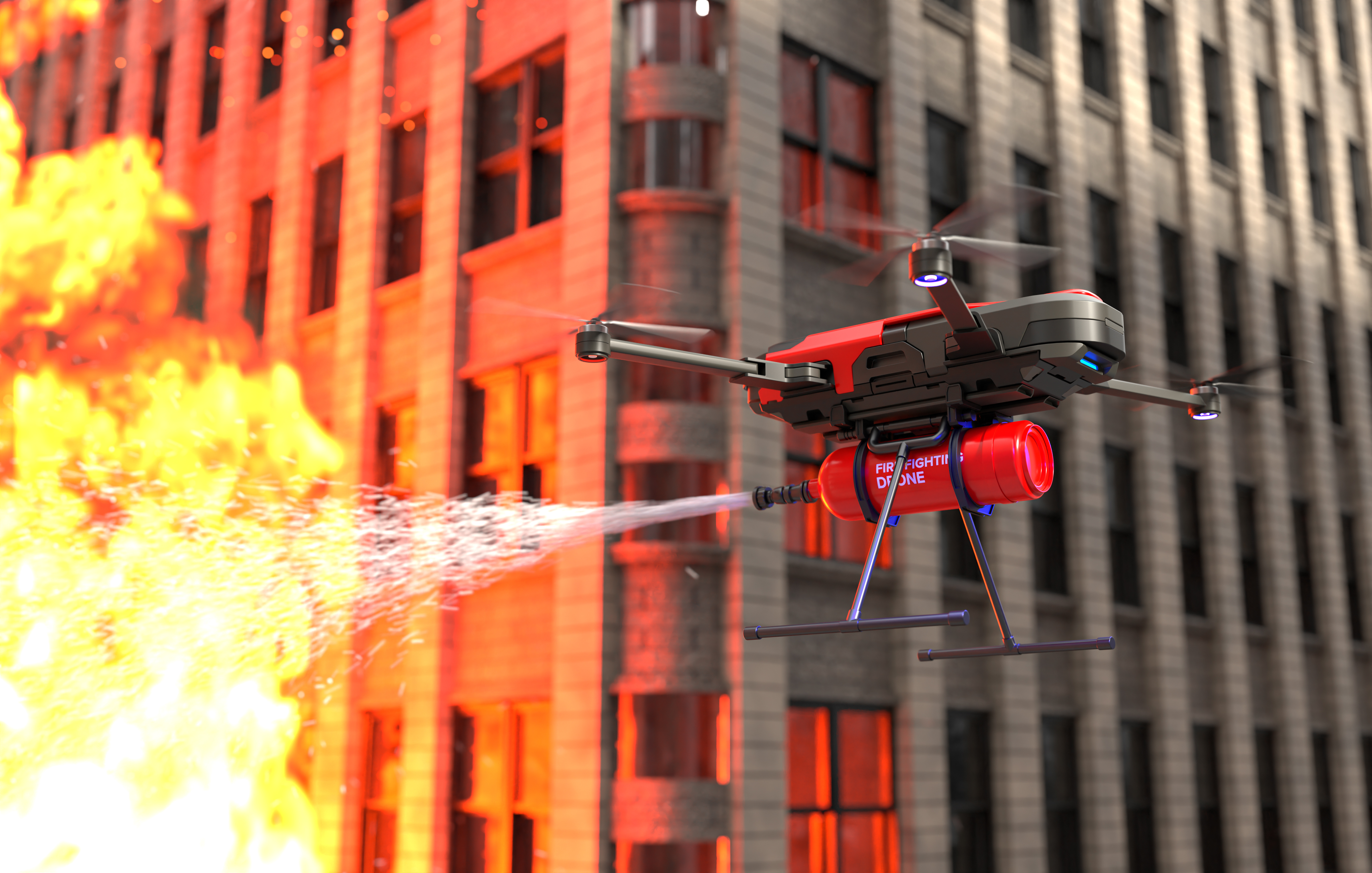 A drone in midair on a city street, with a fire extinguisher attached to it, spraying a large flame in the street.