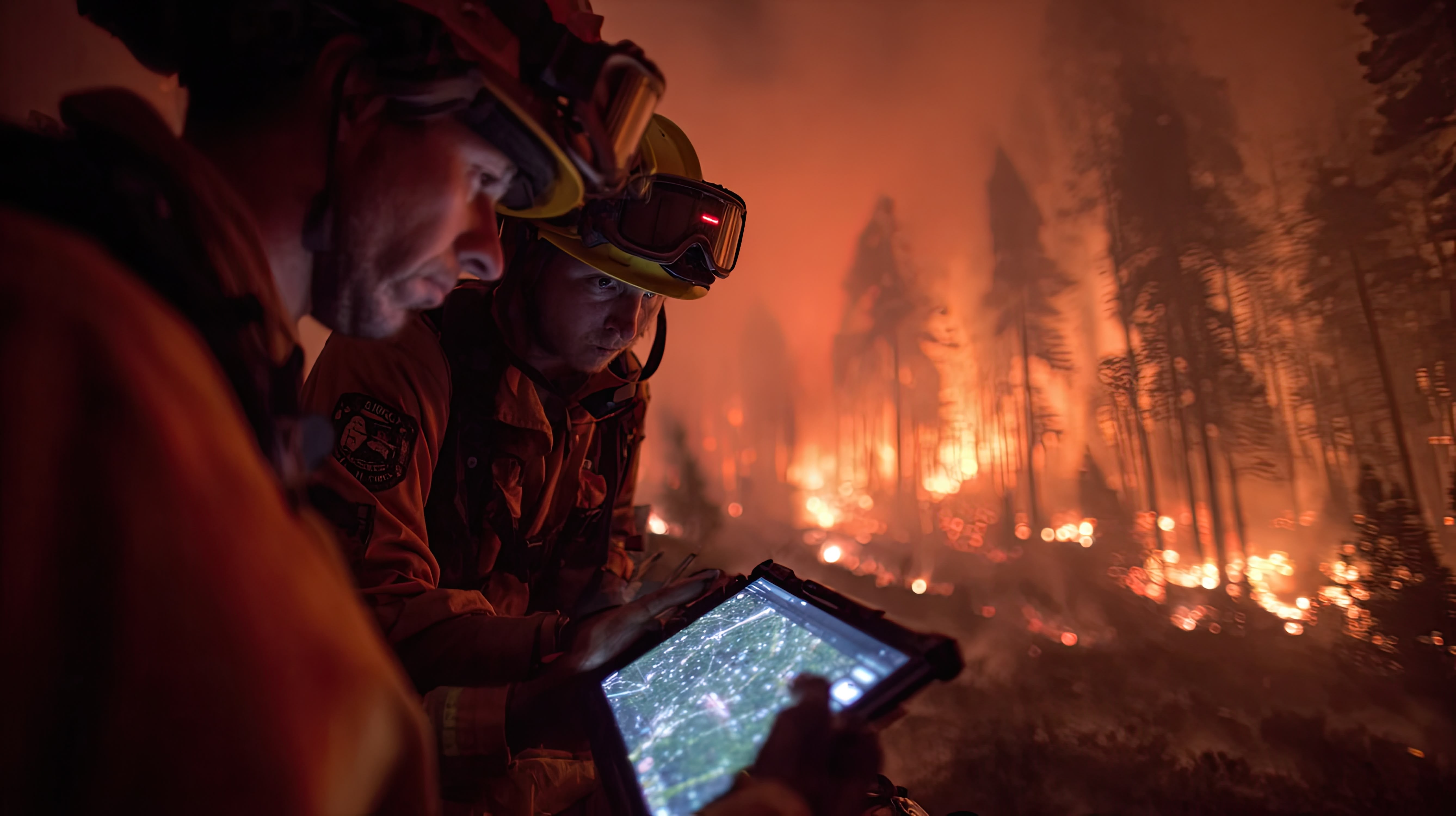 Two firefighters observe drone camera footage on a tablet at the site of a forest fire.