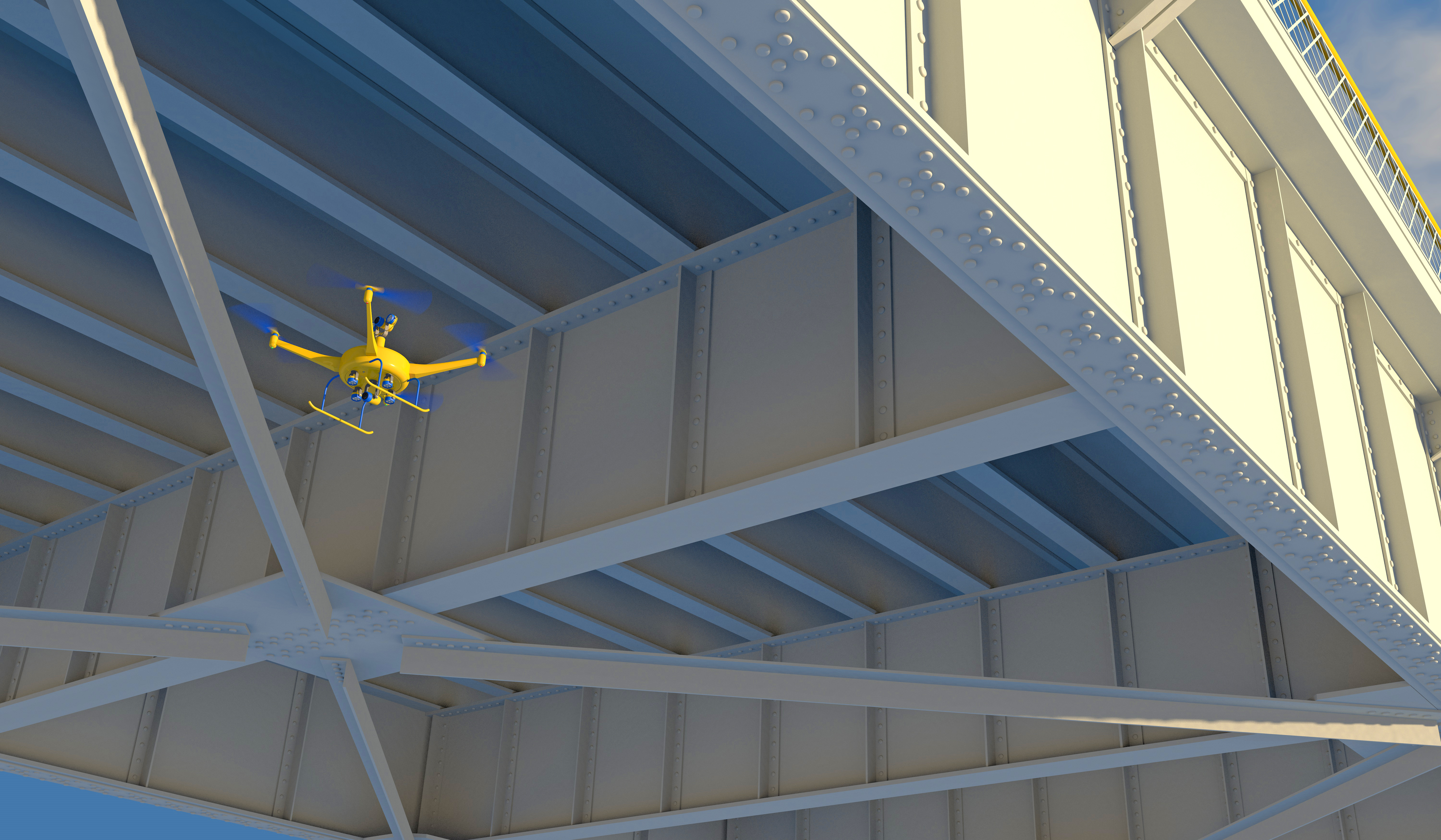 A yellow drone flies near the underside of a large bridge to inspect it.