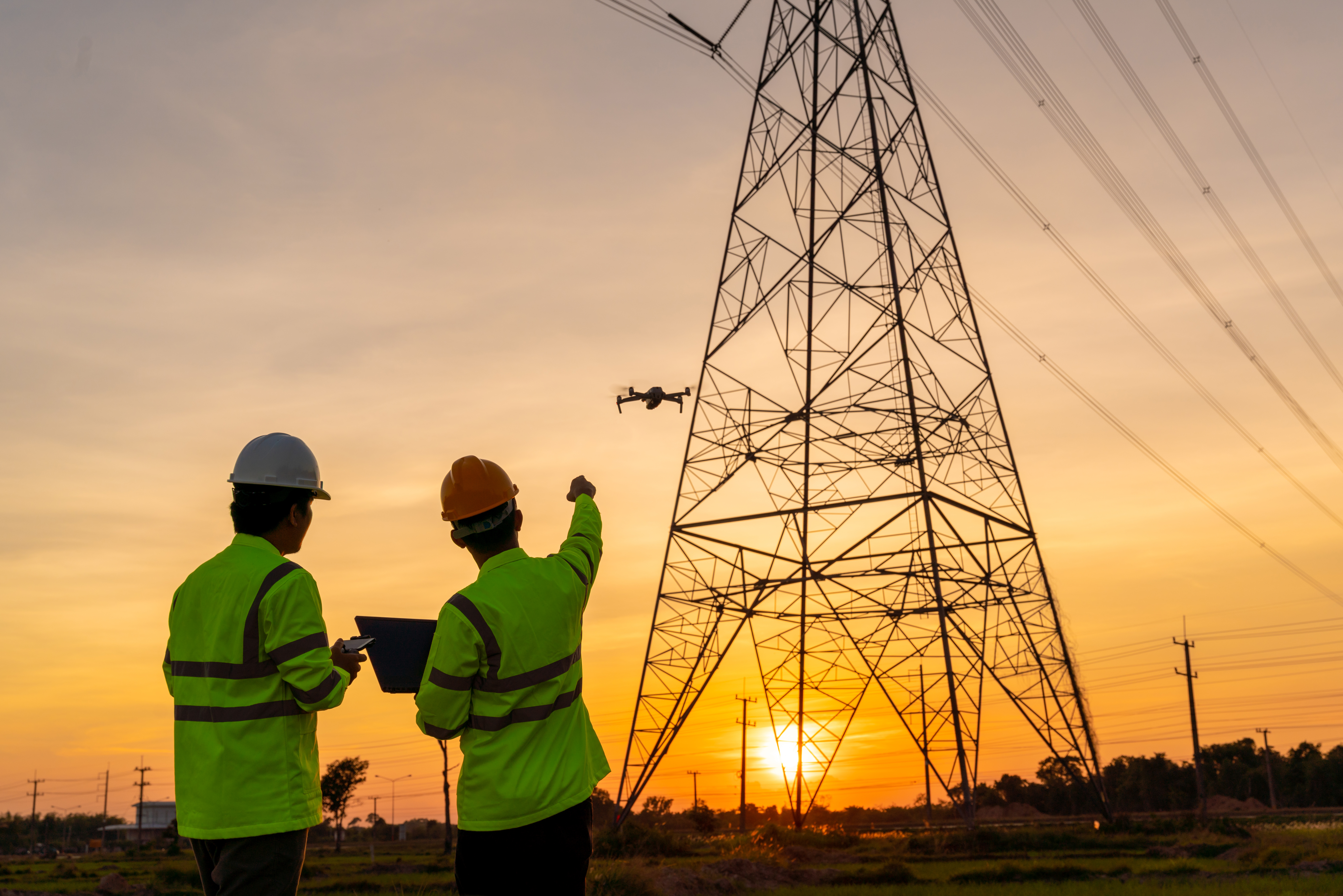 Two drone pilots in hard hats and reflective jackets watch a drone flying around a large wire tower at sunset. One holds a controller while the other holds a tablet and points to the drone in the air.