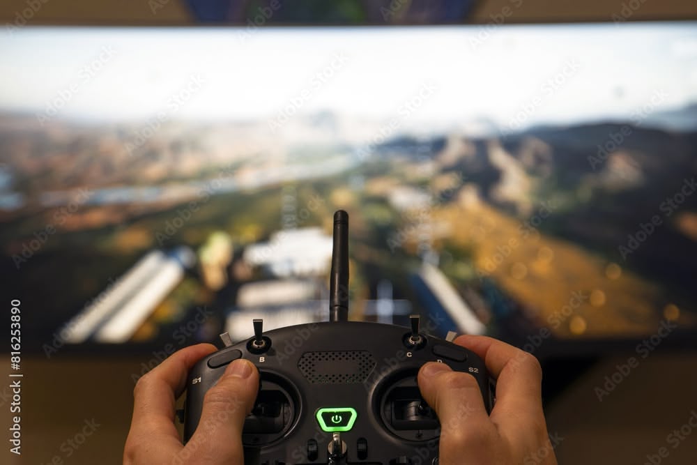 Drone controller in front of a screen with two hands manipulating the controls.