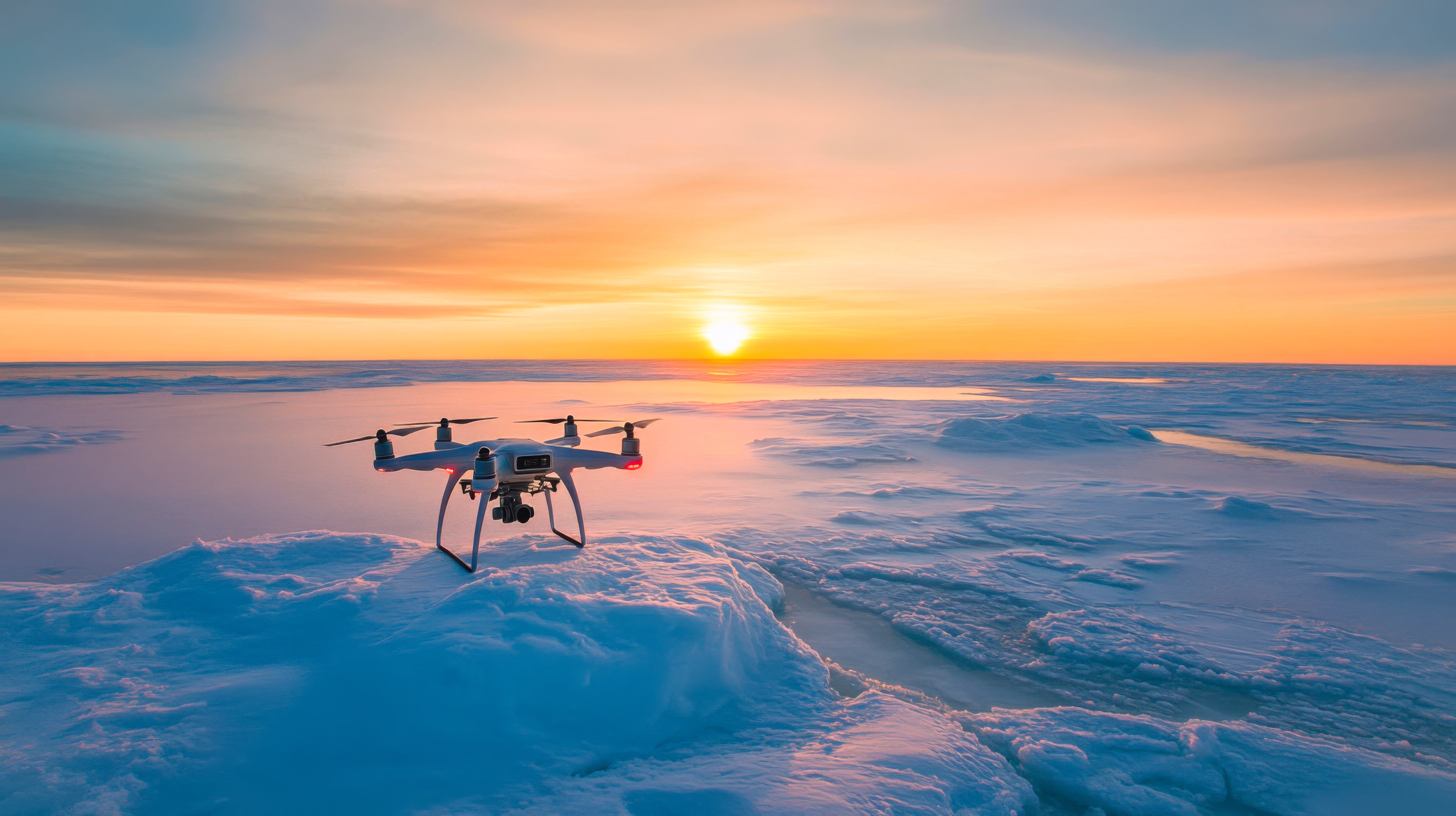 A drone sits on an icy landscape at sunset, ready to takeoff.