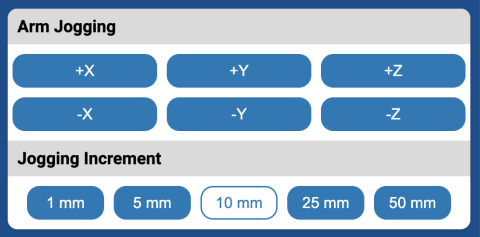 La section Arm Jogging du pendentif d'enseignement. Les boutons de la première rangée sont +x, +y. +z de gauche à droite. Les boutons de la deuxième rangée sont, -x, -y, -z de gauche à droite. Une section d'incrément de jogging se trouve en dessous et comprend des boutons de gauche à droite indiquant 1 mm, 5 mm, 10 mm, 25 mm, 50 mm.