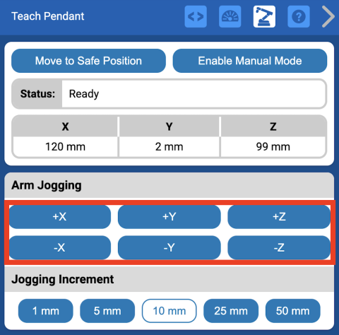 La section Arm Jogging du pendentif d'enseignement avec les boutons positifs x, y, z et négatifs x, y, z mis en évidence par un cadre rouge.