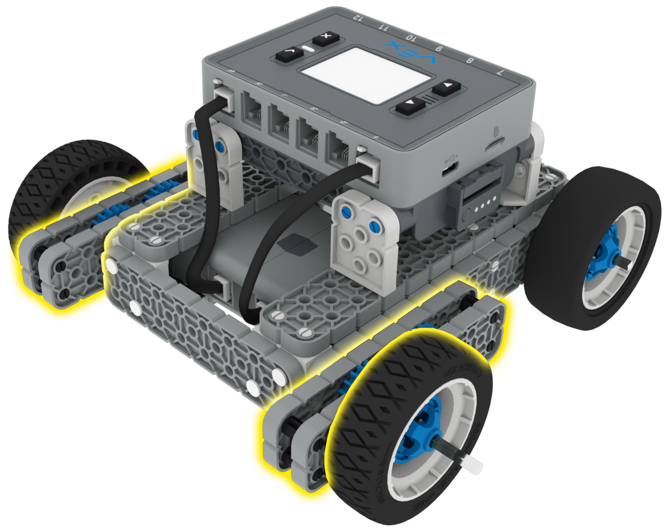 Image of a BaseBot with an example of a gear train addition on the front axle