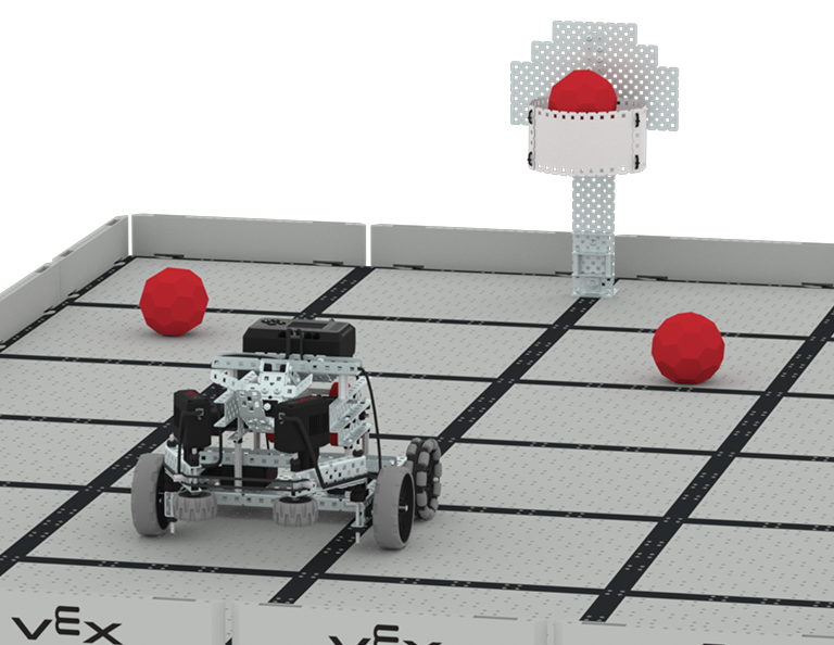 A CatapultBot on the game field, with Buckyballs on the field nearby and a scored Buckyball flying through the hoop.