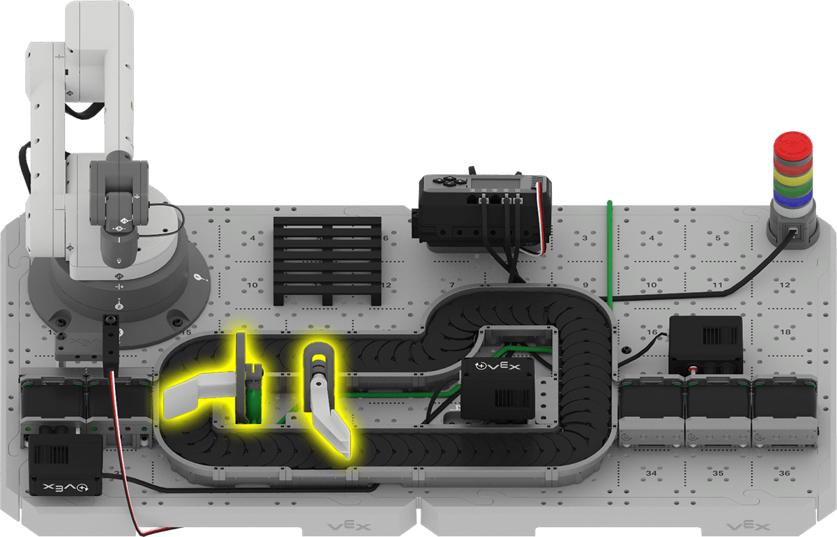Angled view of the CTE Workcell Base build with the two conveyor diverters highlighted.