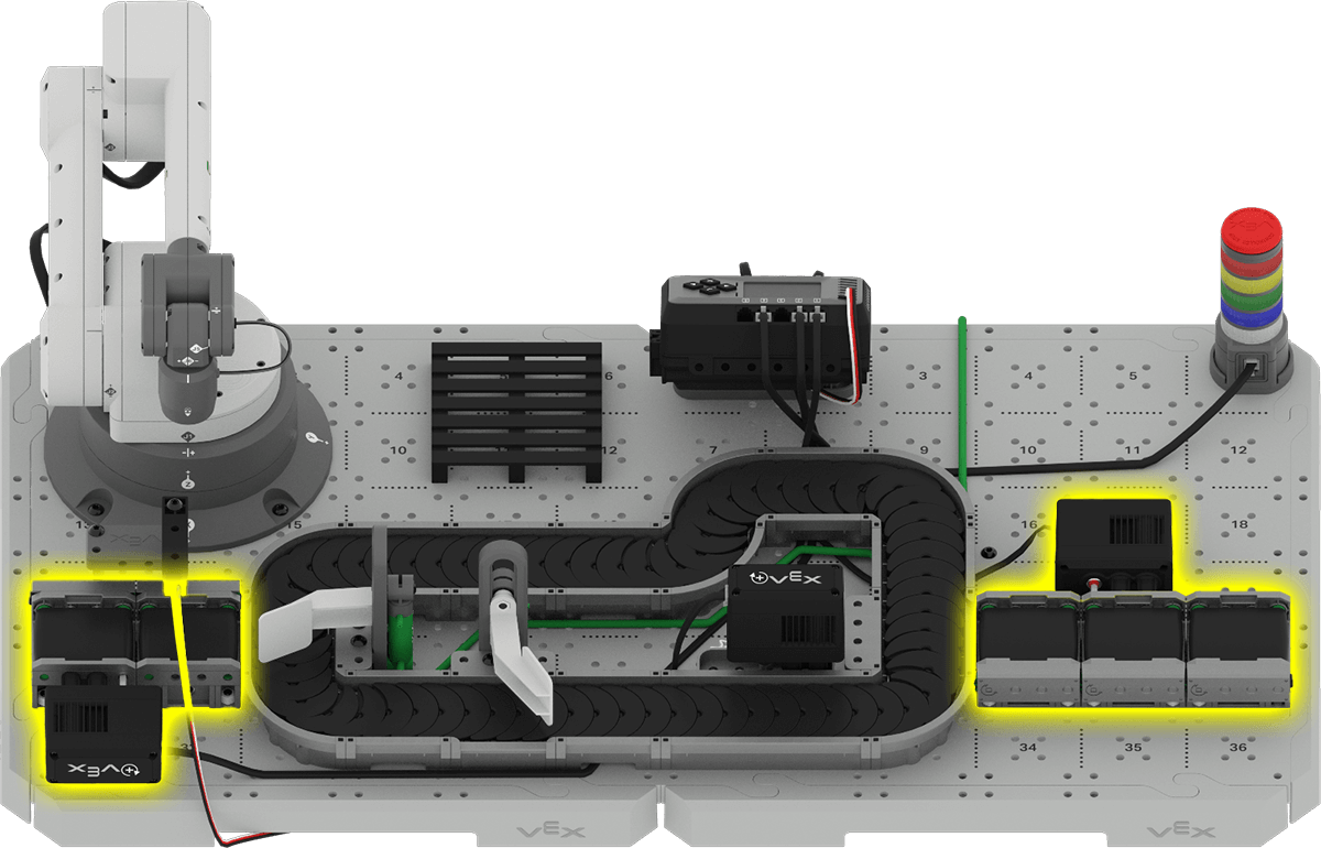 Angled view of the CTE Workcell Base build with the two linear conveyor sections highlighted.