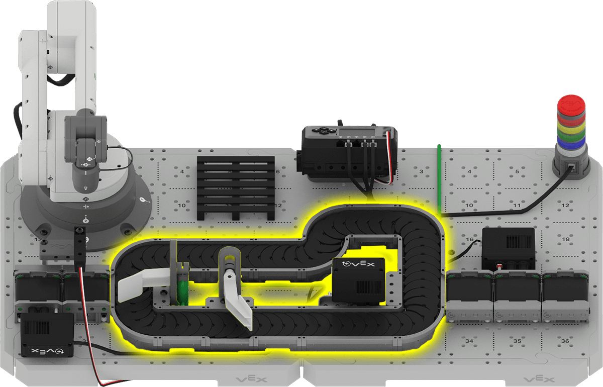Angled view of the CTE Workcell Base build with the serpentine conveyor loop highlighted.