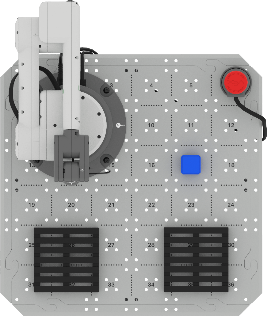 Top down view of a 6-Axis Arm on the CTE Tile with two pallets installed. A blue cube is placed on position 17 on the CTE Tile.