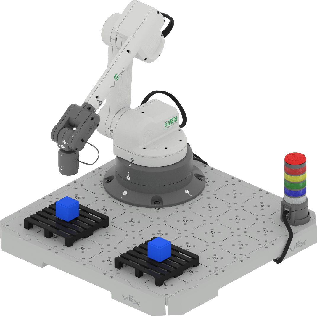 An angled view of a 6-Axis Arm equipped with the Magnet Pickup Tool on the CTE Tile with 2 pallets installed. There is a blue cube placed in the center of each pallet.