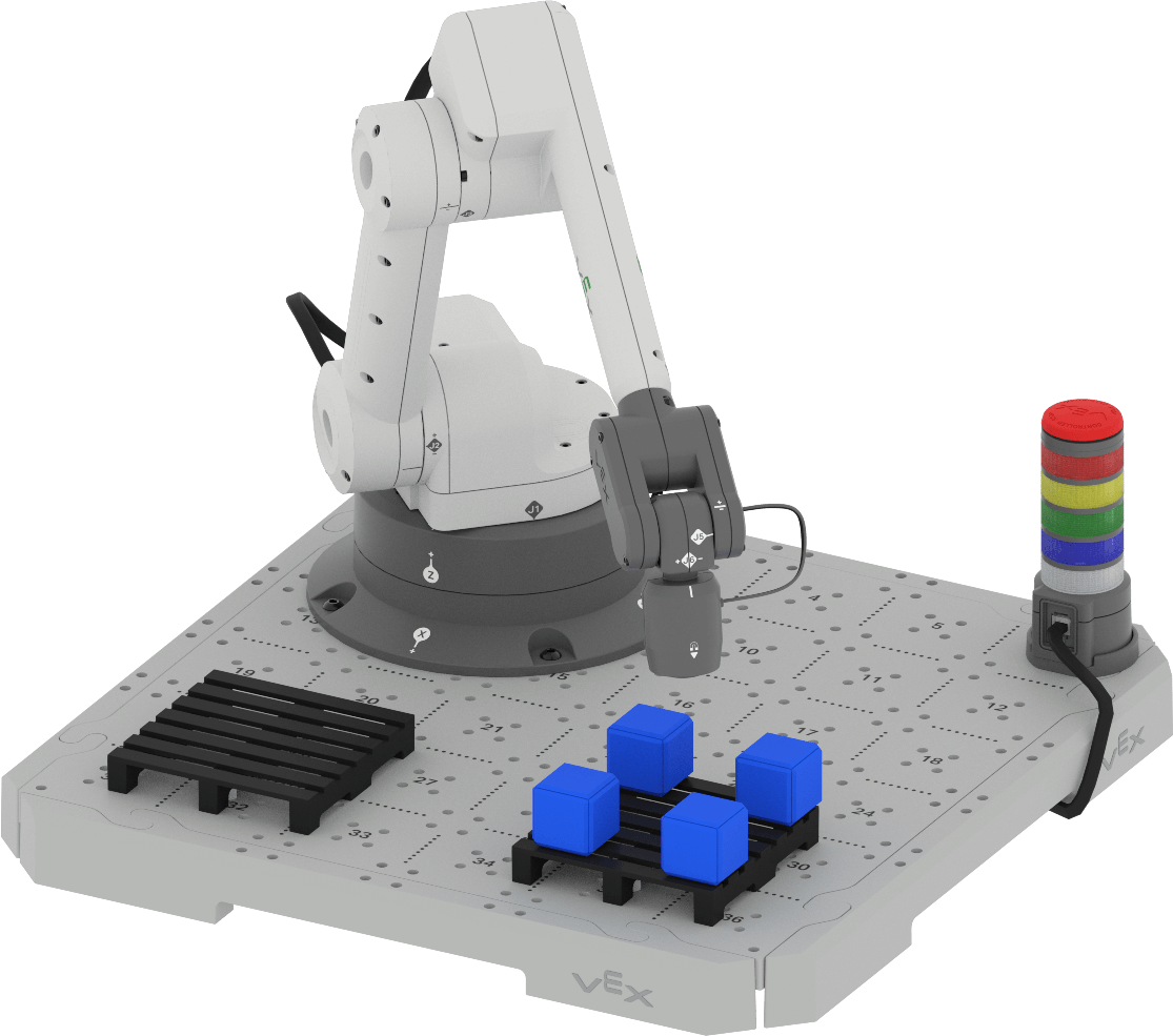 An angled view of the 6-Axis Arm equipped with the Magnet Pickup Tool and the CTE tile, showing 4 blue cubes placed on each corner of one of an installed pallet.