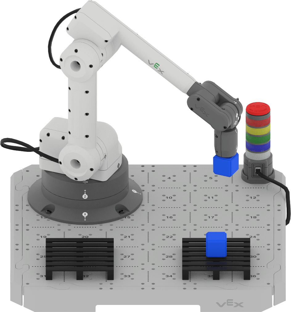 An angled view of the 6-Axis Arm showing a blue cube has been placed on one of two pallets. The 6-Axis Arm is using its Magnet Pickup Tool and is holding a second blue cube up over the already placed cube.