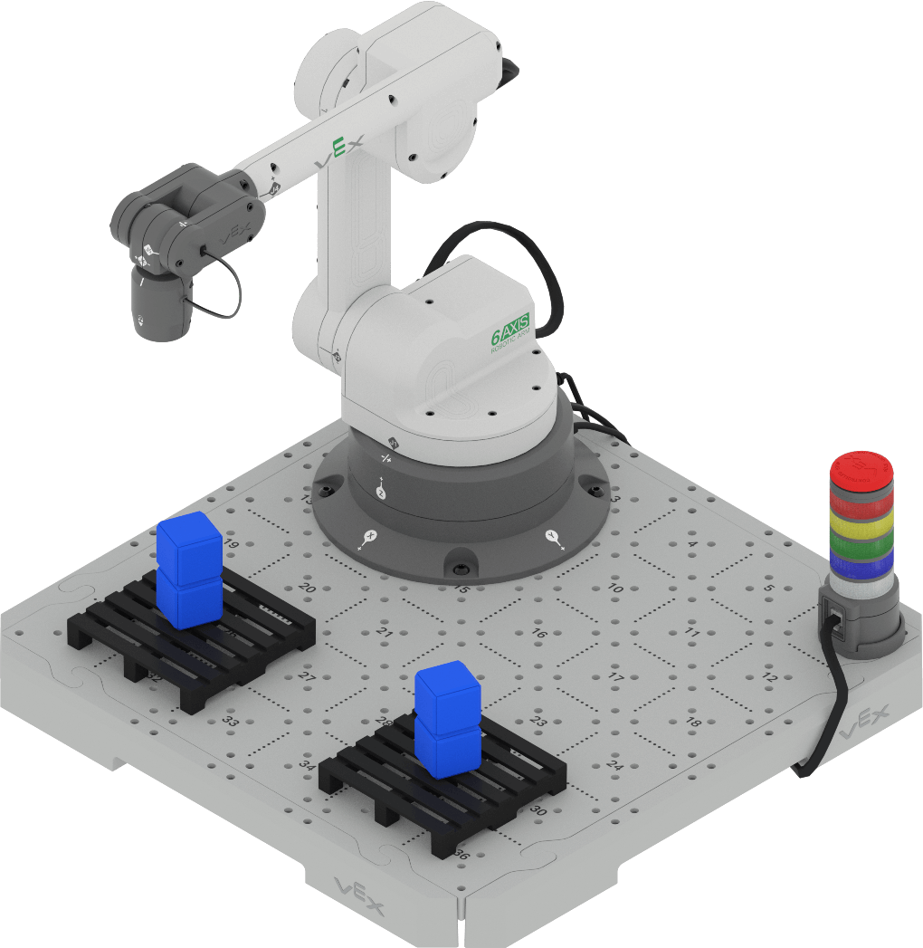 An angled view of the 6-Axis Arm and CTE Tile showing two stacks of blue cubes. Two blue cubes are stacked on each installed pallet on the CTE Tile.
