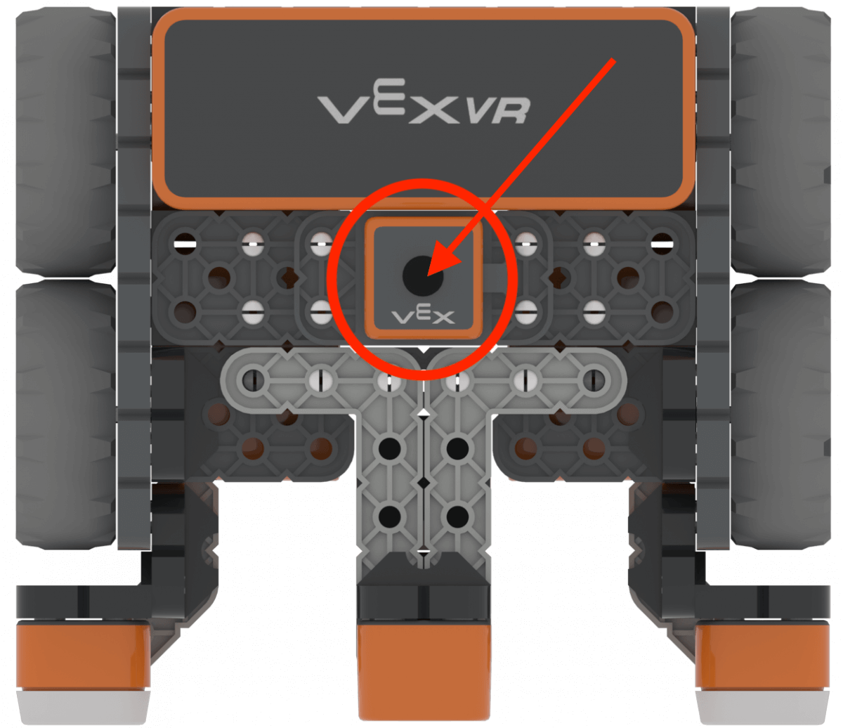 The underside of the VR robot, with the Location Sensor located along the center X axis and adjacent to the brain. The location sensor is highlighted by a red circle.