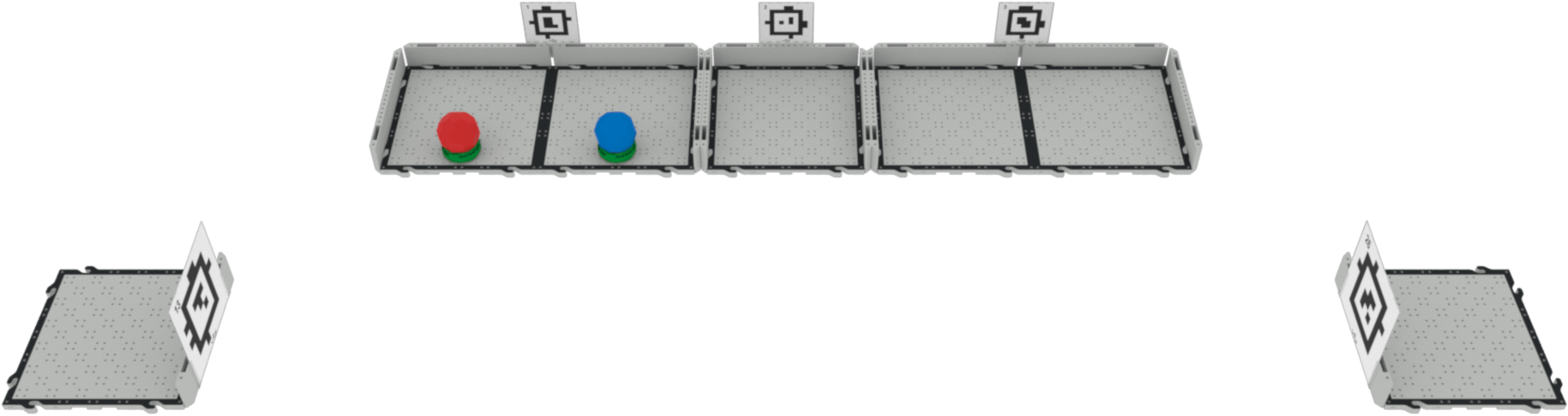 Sort and Sanitize Challenge Layout. One EXP Tile with AprilTag 13 is to the bottom left. Directly across on the bottom right is an EXP Tile with AprilTag 26. Between the two end tags, to the front, three areas are shown. The first area has AprilTag 1 on the back and has one red ball and one blue ball. Each ball is sitting on a green ring on the EXP Tiles. The second area shows AprilTag 2 and the final area shows AprilTag 3. Each area is separated by EXP Walls.