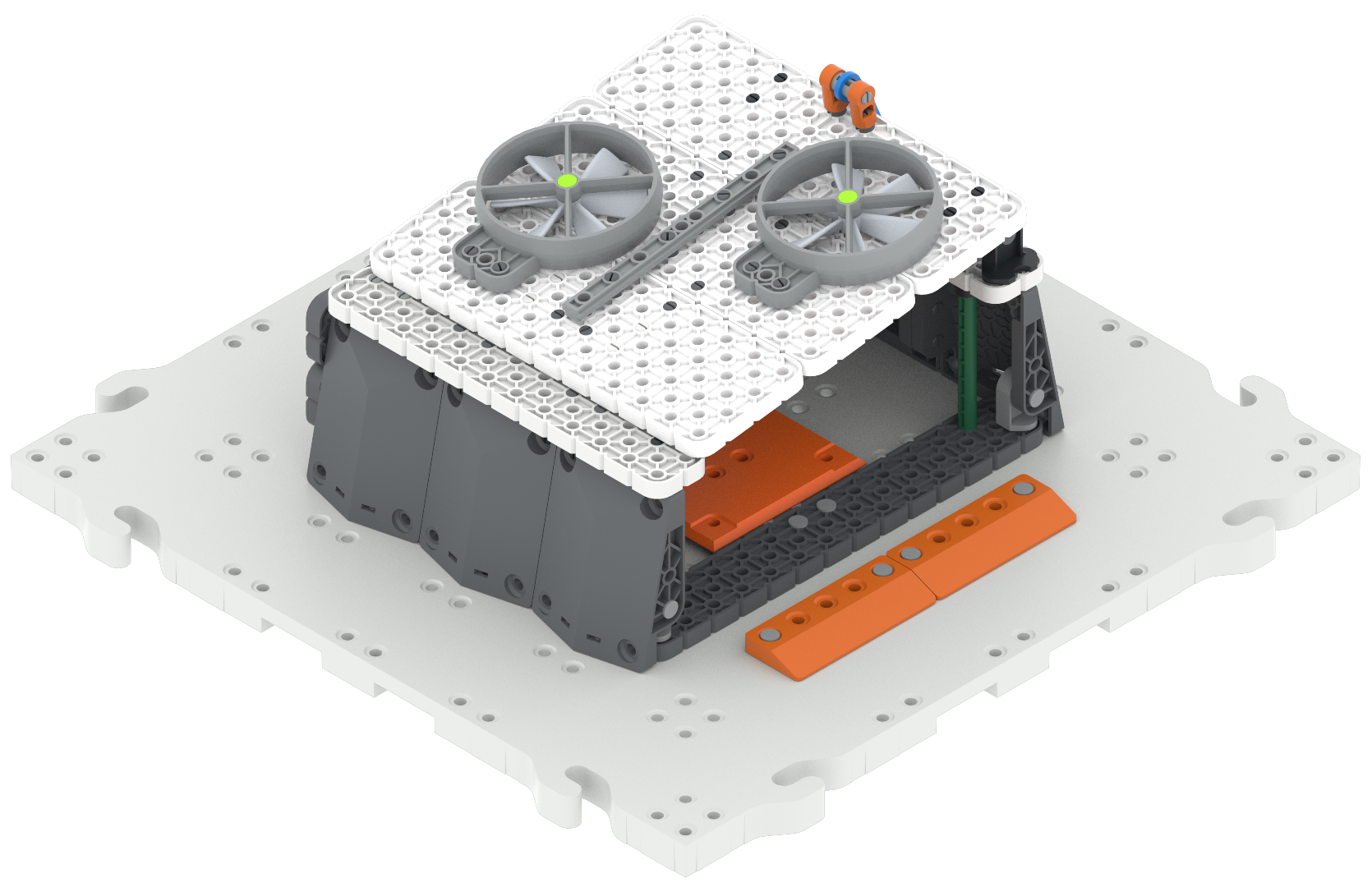 Partially collapsed emergency shelter made of VEX GO pieces.