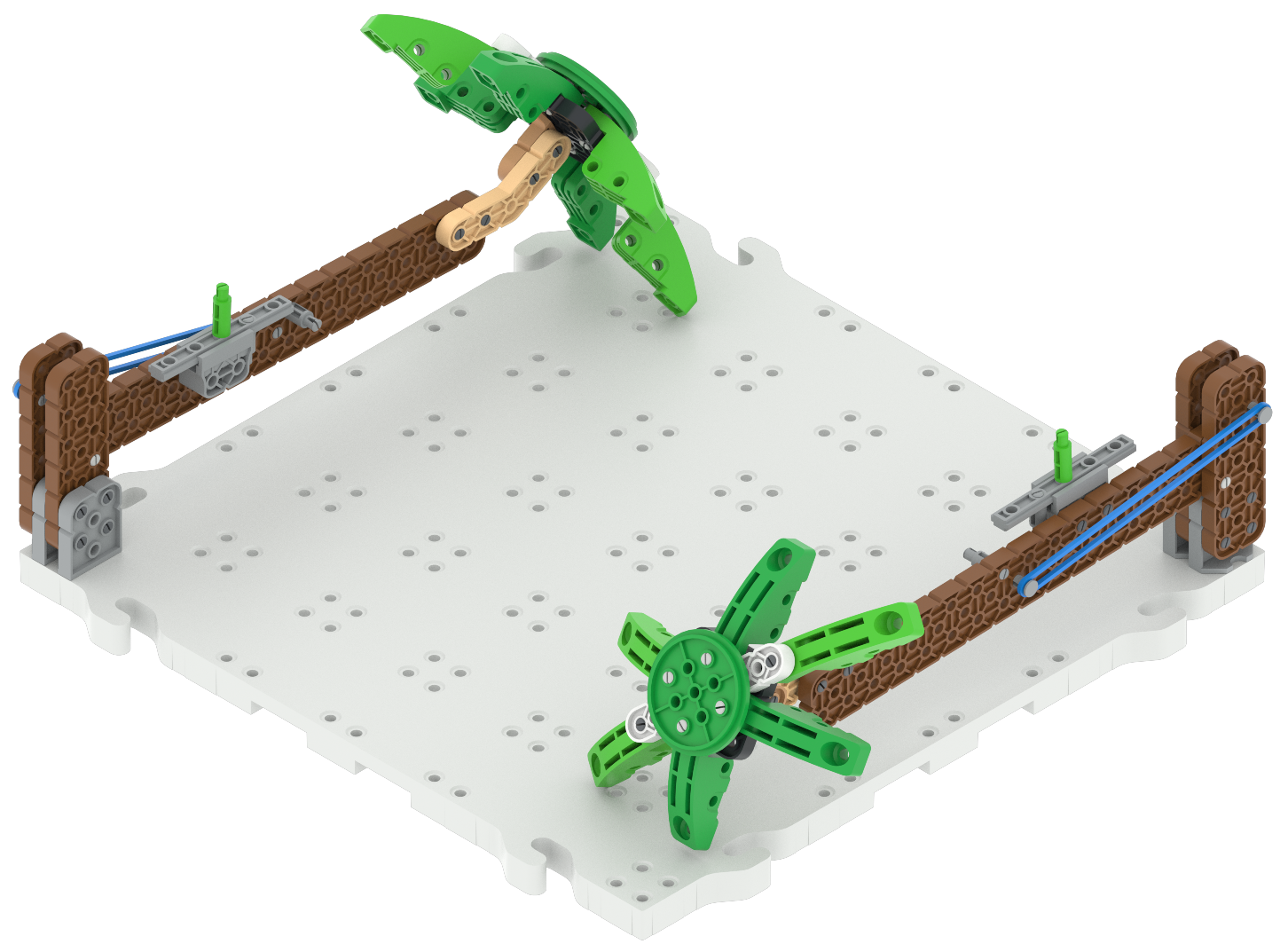 Two palm trees made of VEX GO pieces laying horizontally on a Tile.