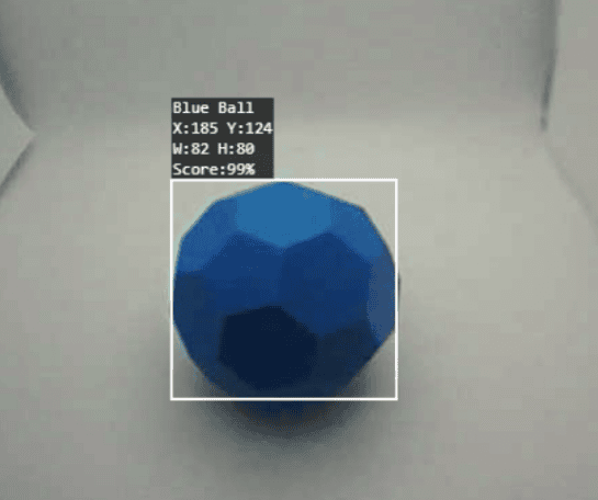 Example of a Blue Buckyball detected in the AI Vision Sensor snapshot window. The Blue Buckyball is highlighted with a white box to indicate it is detected and the data reports "Blue Ball" and gives the X, Y, Width, Height, and Score percentage.