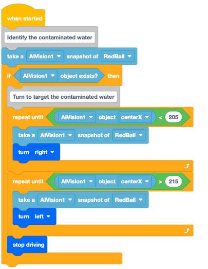 Example code snippet from a VEXcode project to Identify the contaminated water and turn to target the contaminated water. The project takes a snapshot of redball and if the object exists, will turn to center the object using the center x data reported by the sensor.