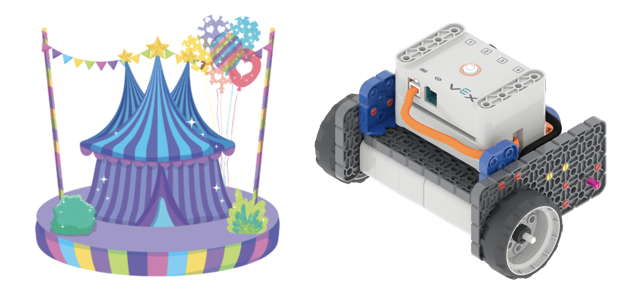 Images côte à côte d'un char de parade et d'une vue en perspective de la base de code, pour souligner que le char doit être construit au-dessus du robot.