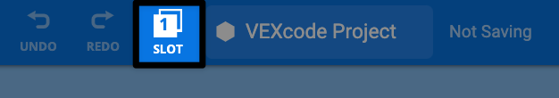 A close up view of the center of the VEXcode AIM Toolbar with the Slot selection icon that reads 1 Slot highlighted to the left of the project name dialog box.